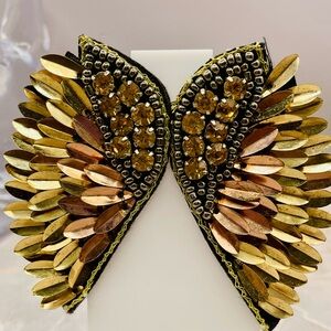 Embellished Beaded Gold and Bronze Winged Earrings. Fabric Backing